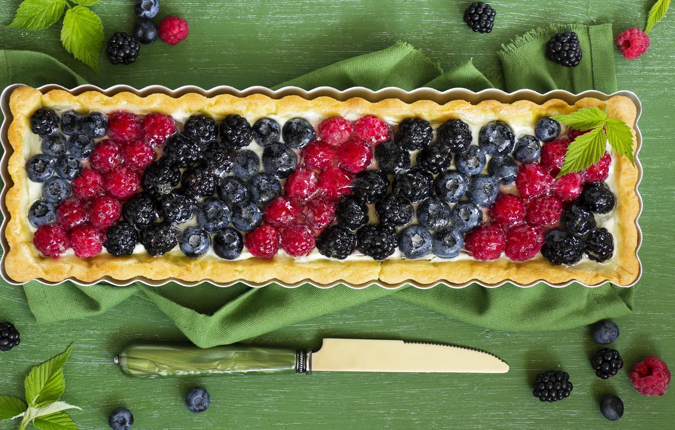 Фото обои малина, черника, пирог, нож, салфетка, blueberry, raspberry, knife