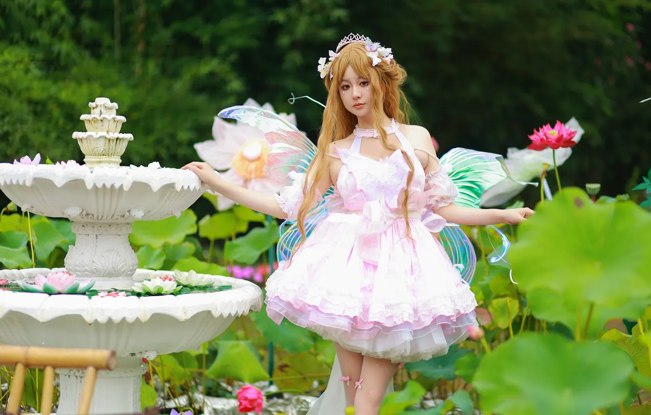 Фото обои Beautiful, Asian, Model, Flowers, Woman, Cute, Pretty, Wings