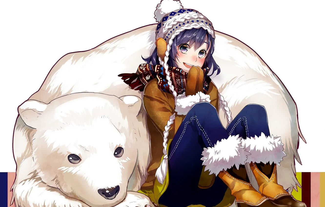 Фото обои улыбка, джинсы, сапоги, шарф, девочка, белый медведь, друзья, варежки
