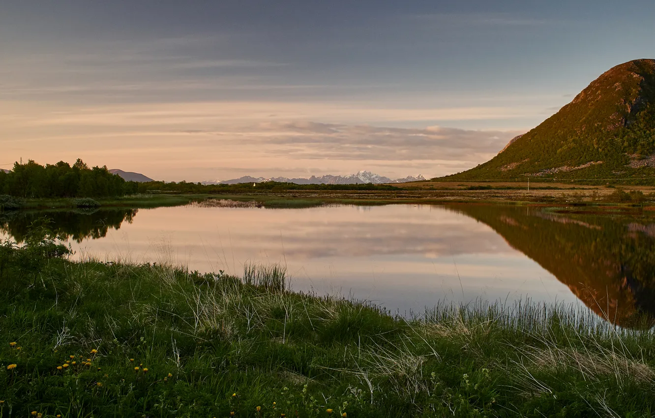 Фото обои горы, озеро, вечер, Норвегия, Lofoten