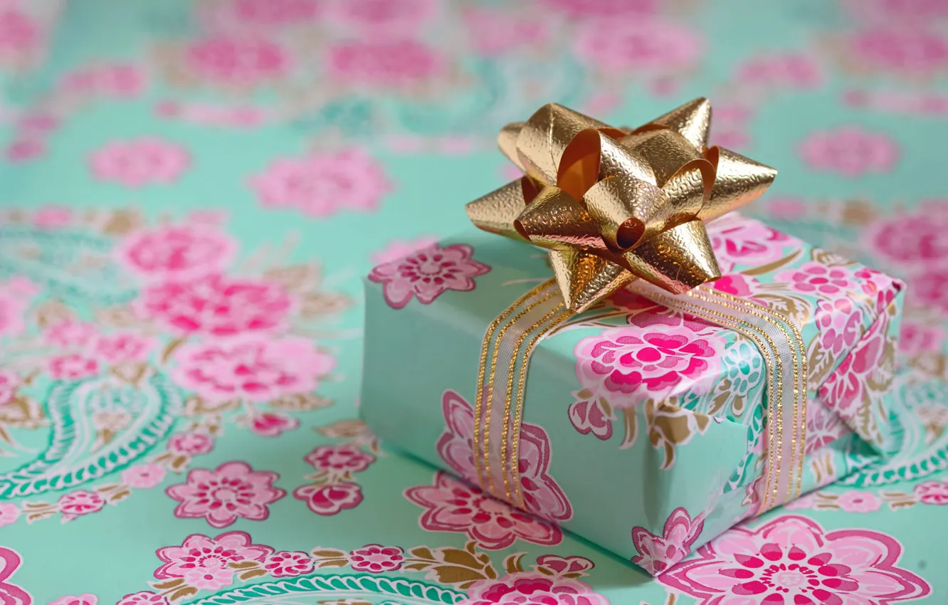 Фото обои цветы, зеленый, розовый, праздник, коробка, подарок, узор, Рождество
