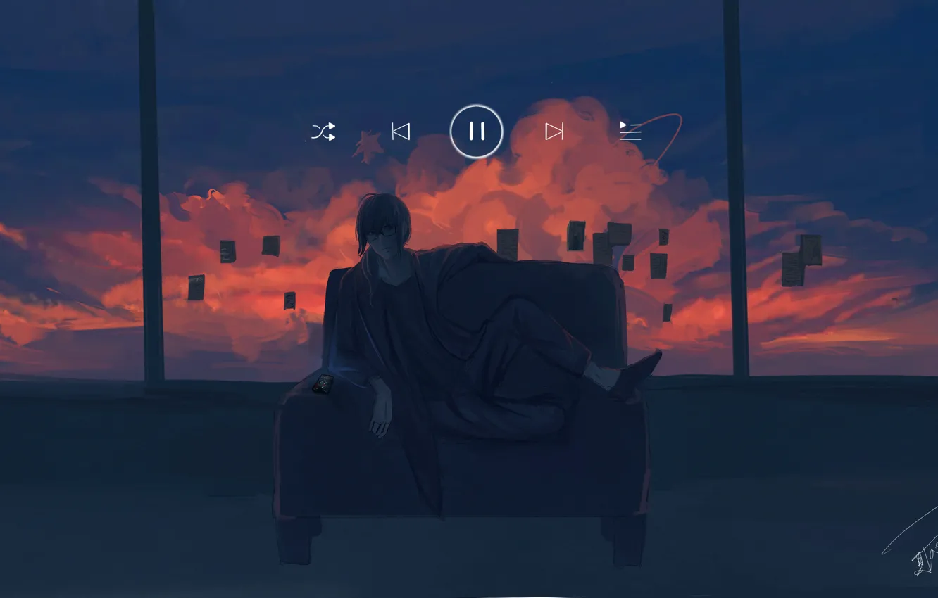 Фото обои закат, музыка, диван, парень, смартфон