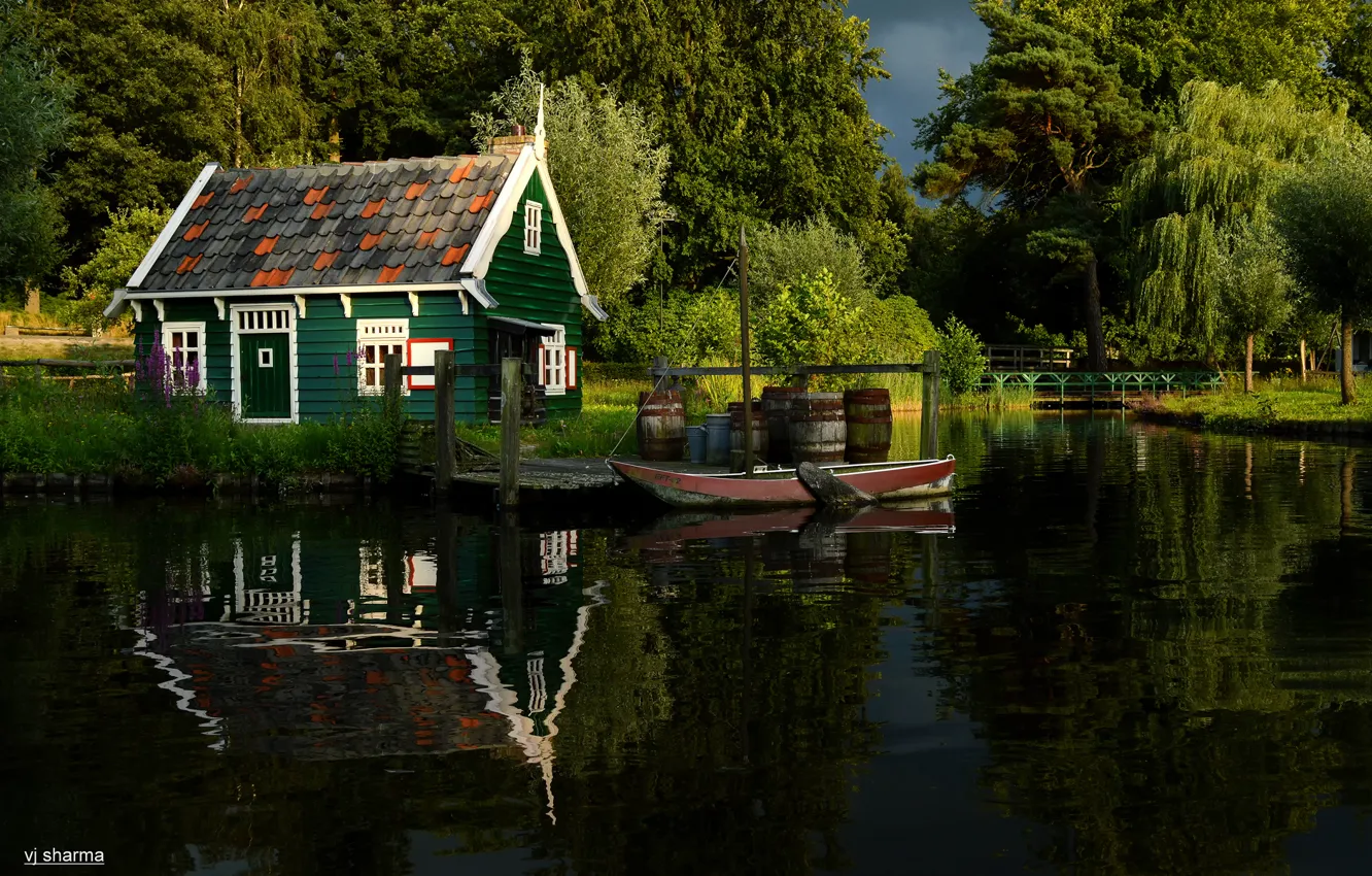 Фото обои лето, деревья, природа, пруд, парк, река, лодка, домик