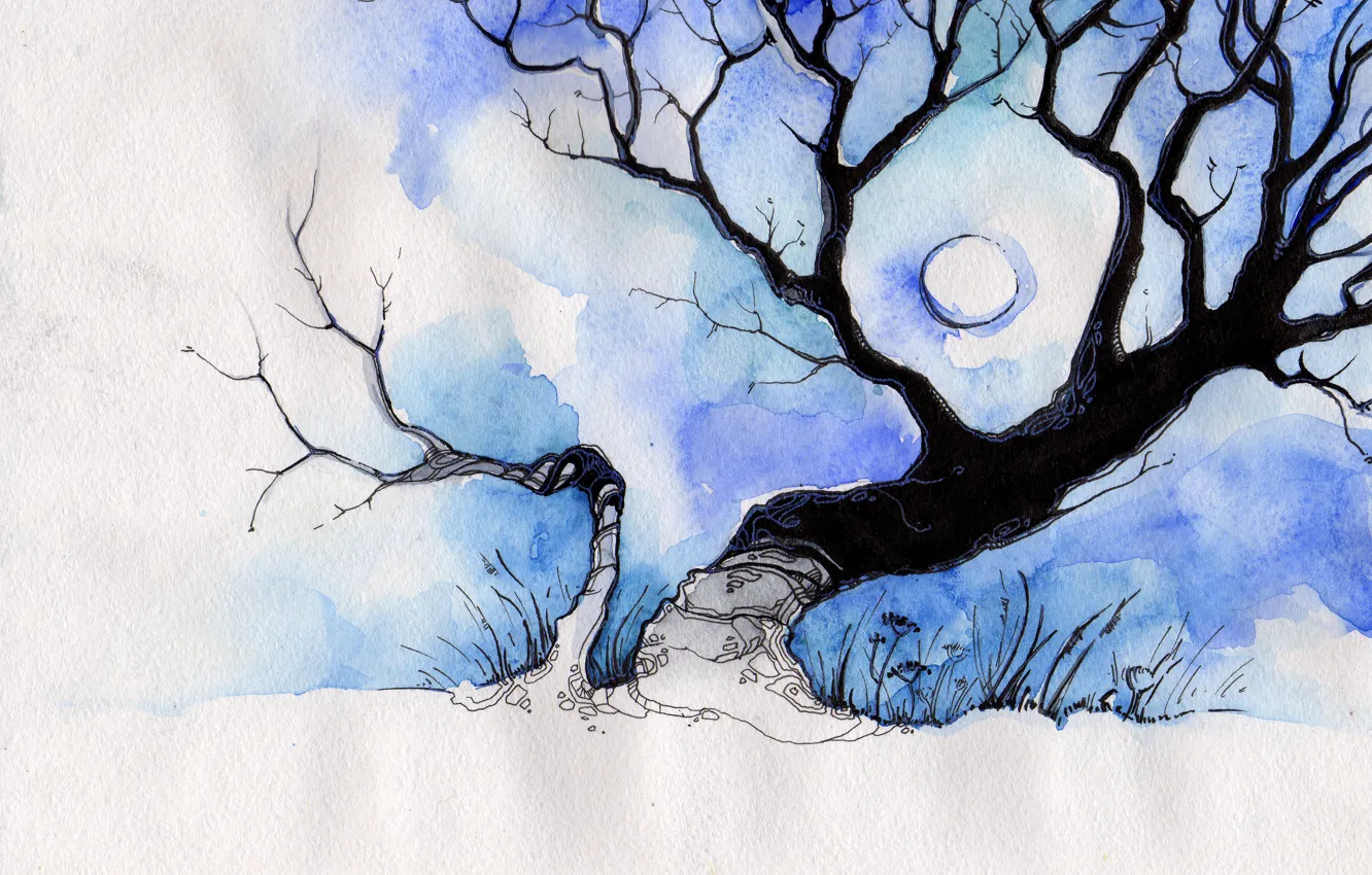 Фото обои белый, синий, дерево, луна, рисунок, deviantart, sulamith