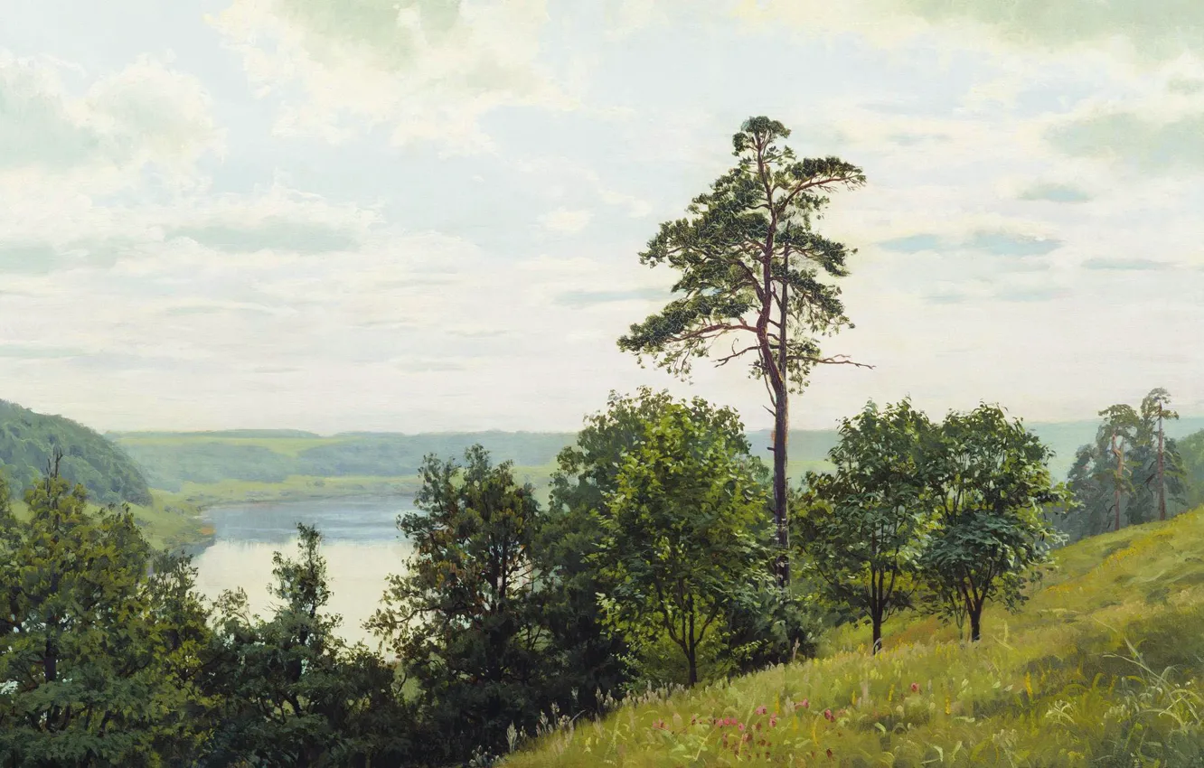 Фото обои деревья, масло, Холст, Андрей ГЕРАСИМОВ, На берегу Оки