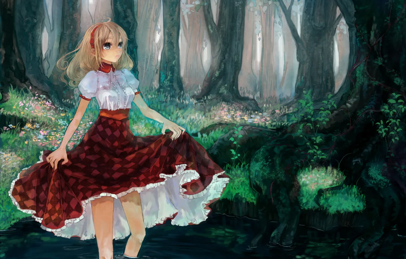 Фото обои лес, девушка, речка, art, pisuke