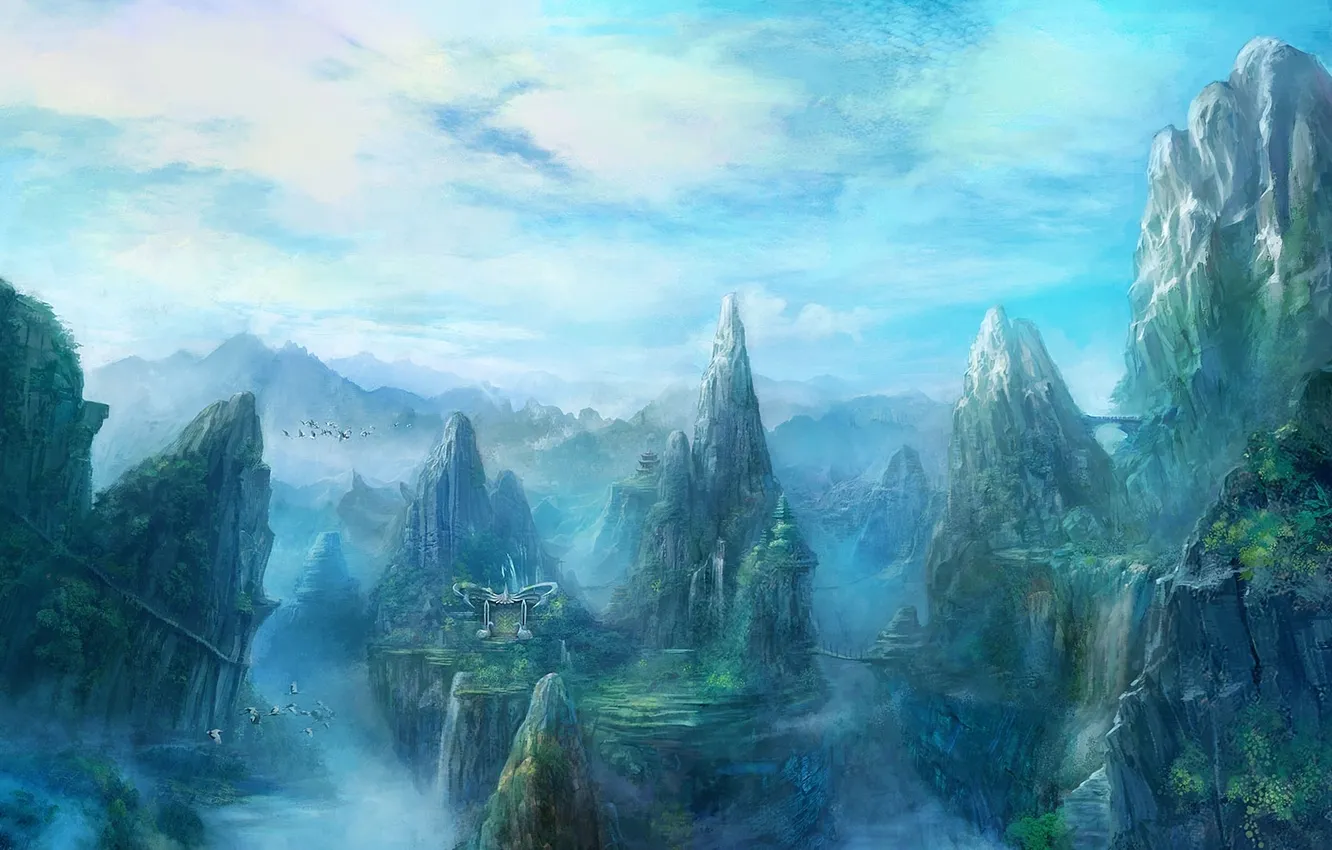Фото обои пейзаж, горы, птицы, мост, туман, здания, водопад, арт