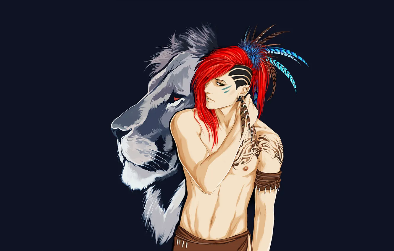Фото обои лев, перья, тату, рыжий, татуировка, Парень