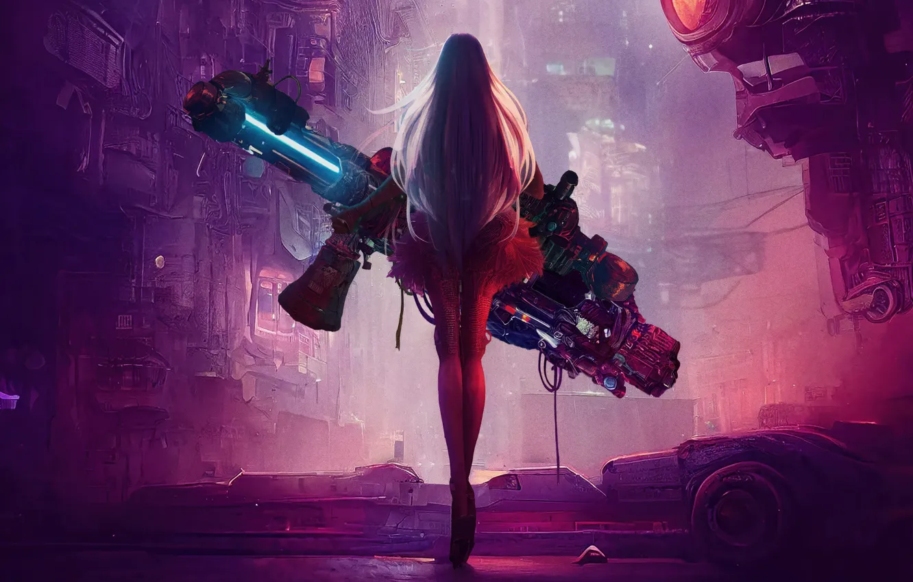 Фото обои оружие, Девушка, Girl, дымка, руины, боке, Киберпанк, Cyberpunk