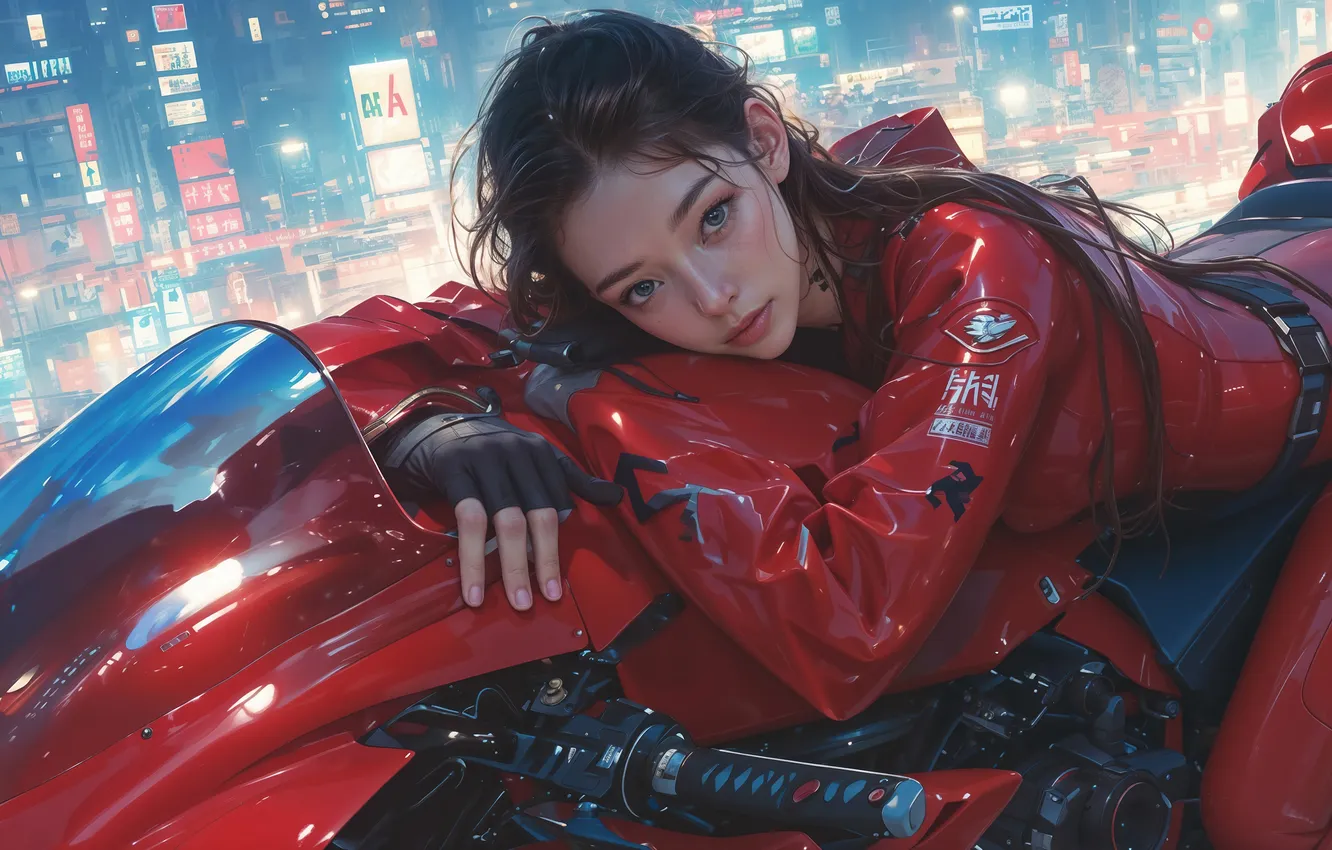Фото обои Girl, City, Motorcycle, Anime Girl, AI Art, AI Generated, Red Motorcycle