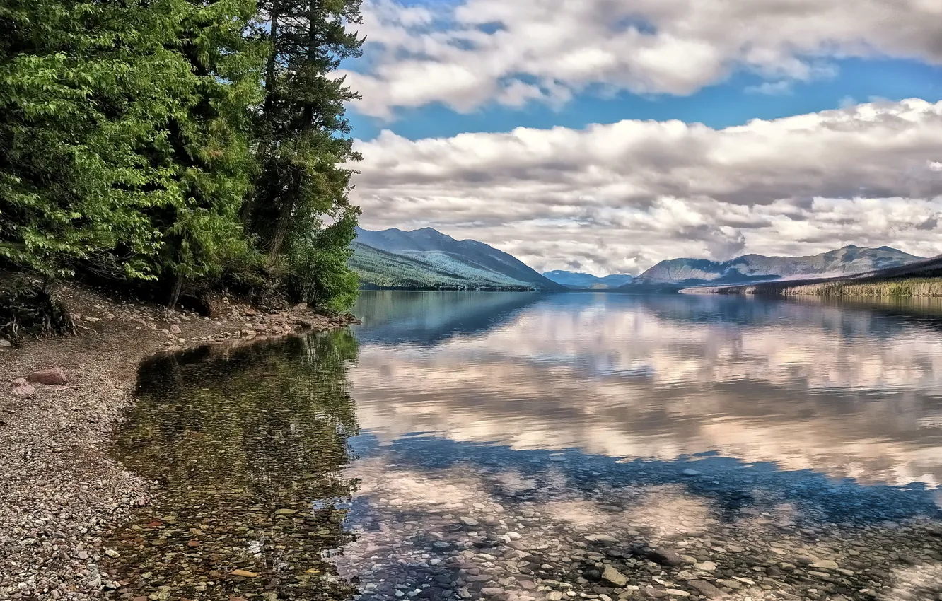 Фото обои прозрачность, деревья, горы, озеро, отражение