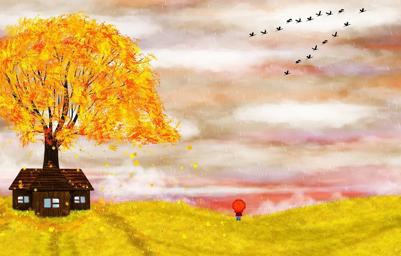 Фото обои осень, зонт, девочка, иллюстрация