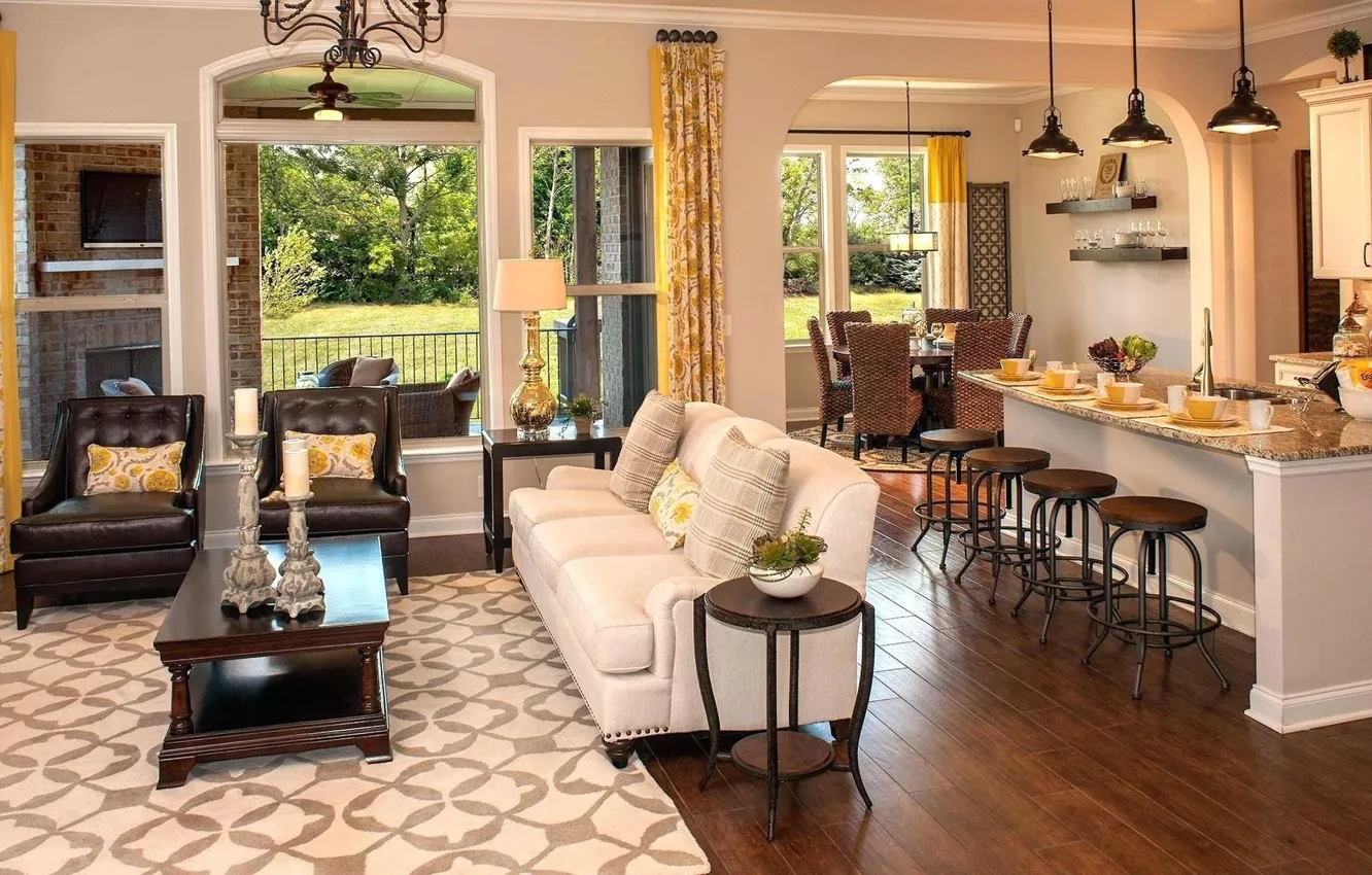 Фото обои интерьер, кухня, гостиная, уютно, столовая, Open plan lounge, dining and kitchen area