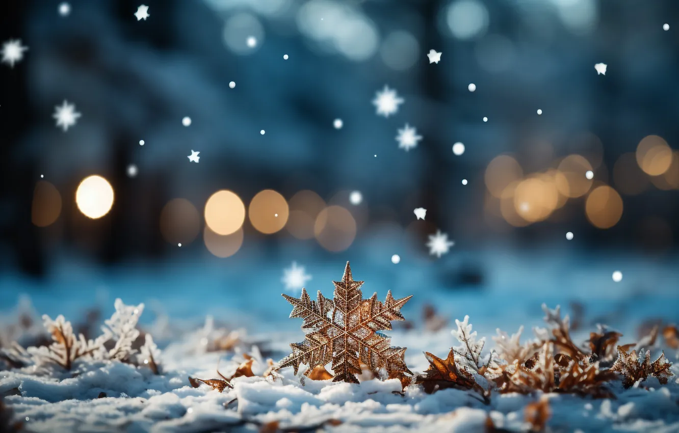 Фото обои снег, украшения, снежинки, ночь, Рождество, Новый год, Christmas, night