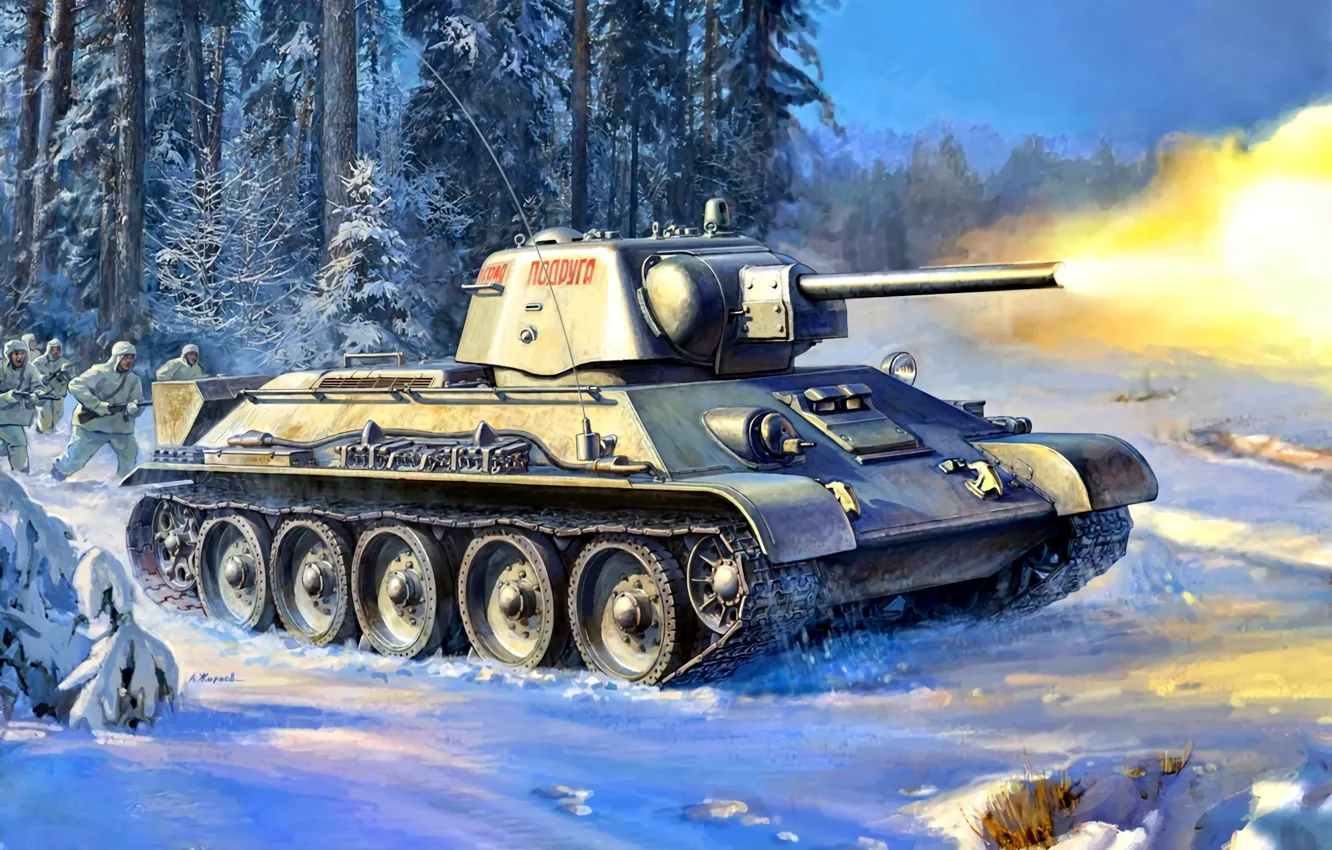 Фото обои Зима, Снег, Лес, Танк, Т-34, Красная Армия, Cолдаты, Великая Отечественная война