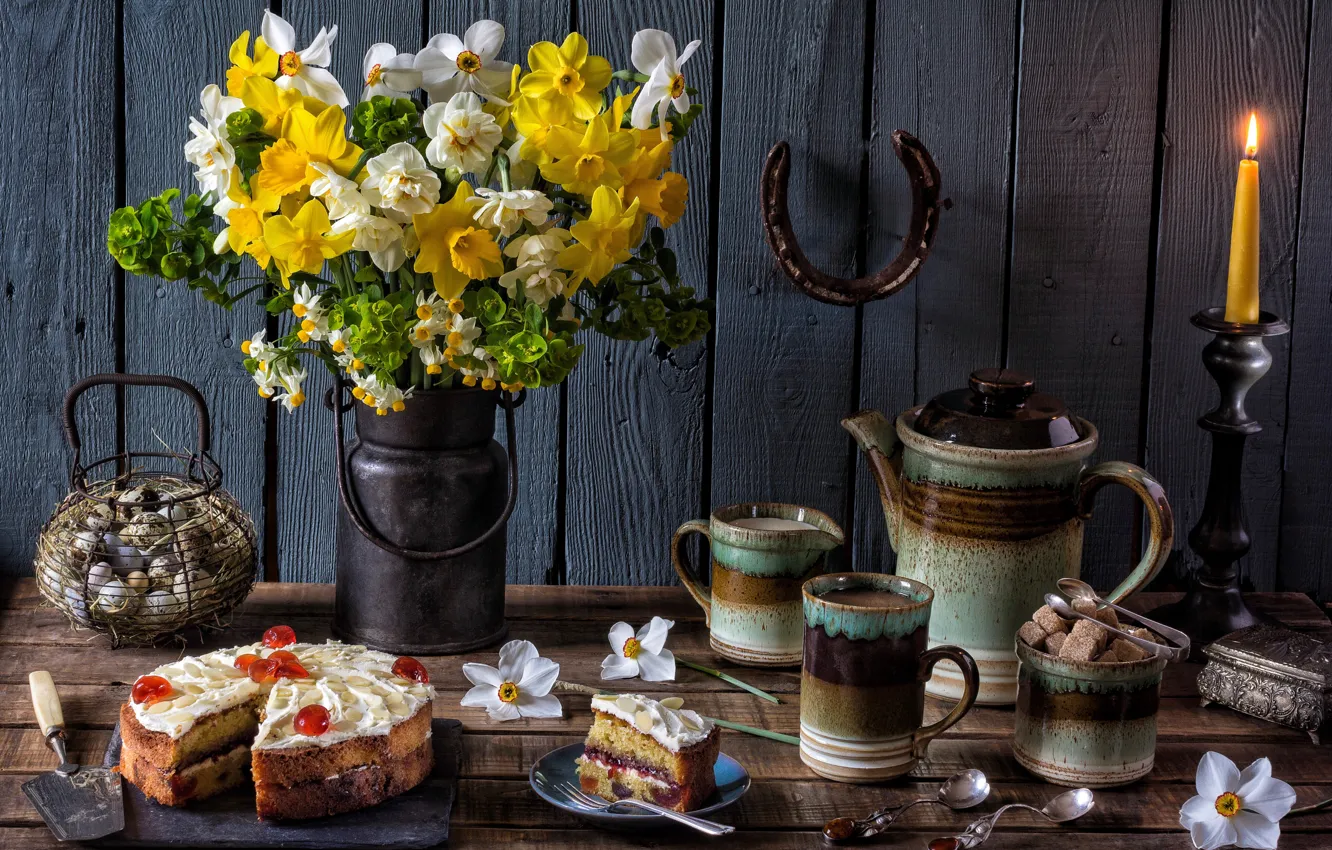 Фото обои цветы, кофе, свеча, яйца, букет, чайник, торт, сахар