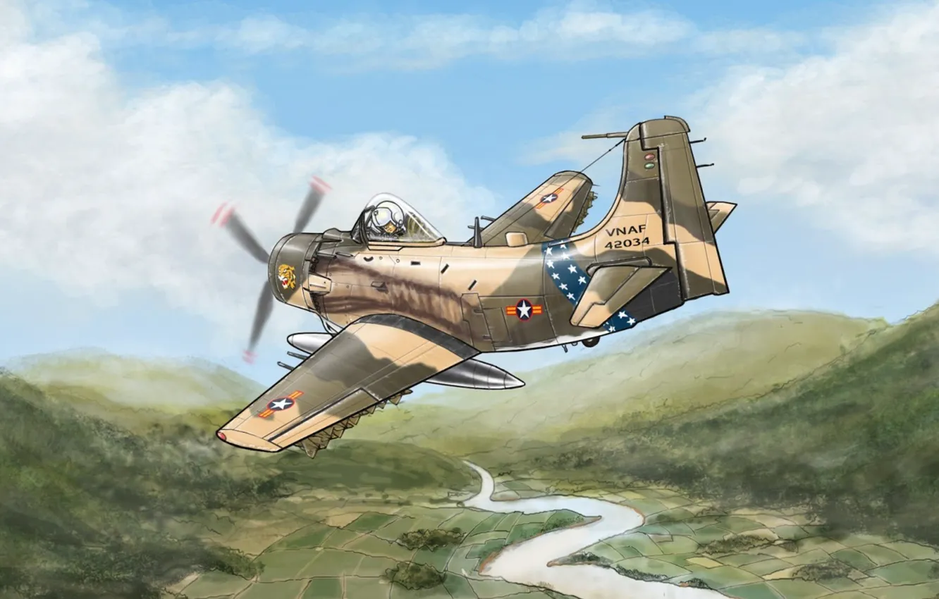 Фото обои война, арт, штурмовик, Вьетнам, Douglas, A-1 Skyraider