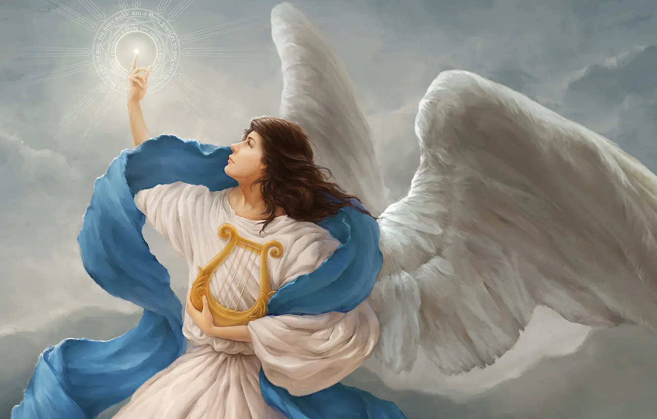Фото обои облака, свет, крылья, Ангел, арфа, символ