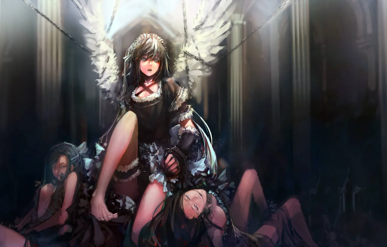 Фото обои девушки, кровь, крылья, ангел, платье, цепи, сидит, anime