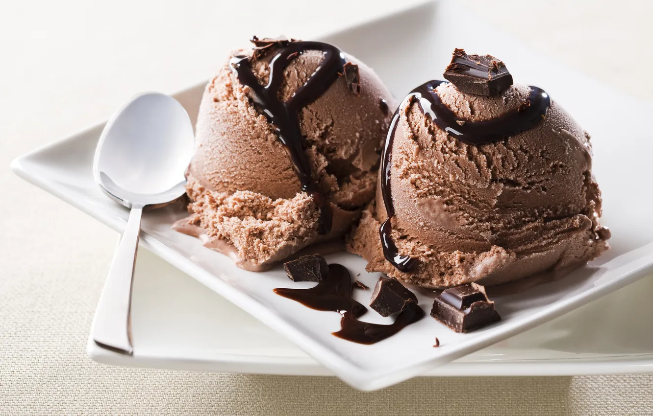 Фото обои шарики, ложка, мороженое, тарелки, десерт, шоколадное