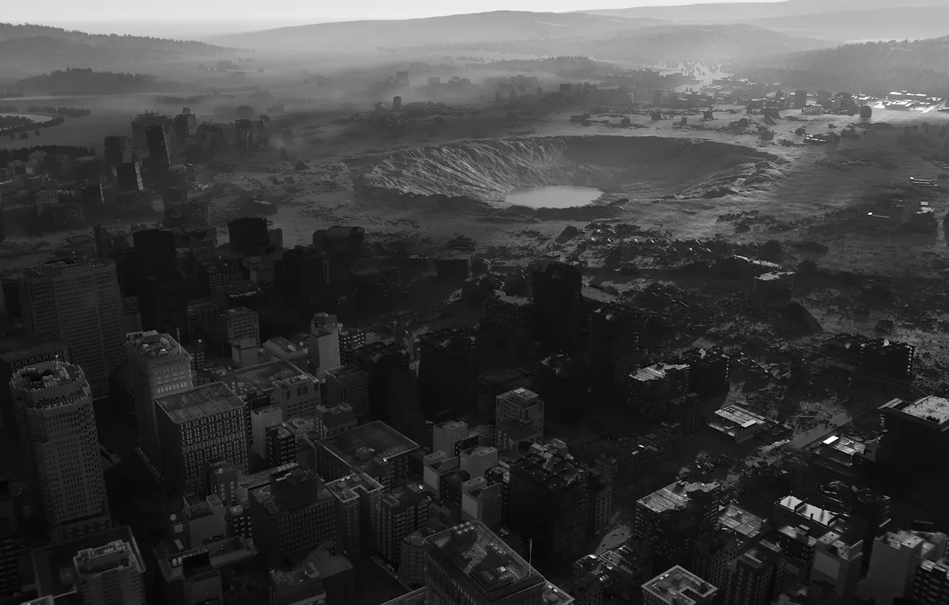 Фото обои chaos, weapon, impact, building, ruin, destruction, montain, raccoon city