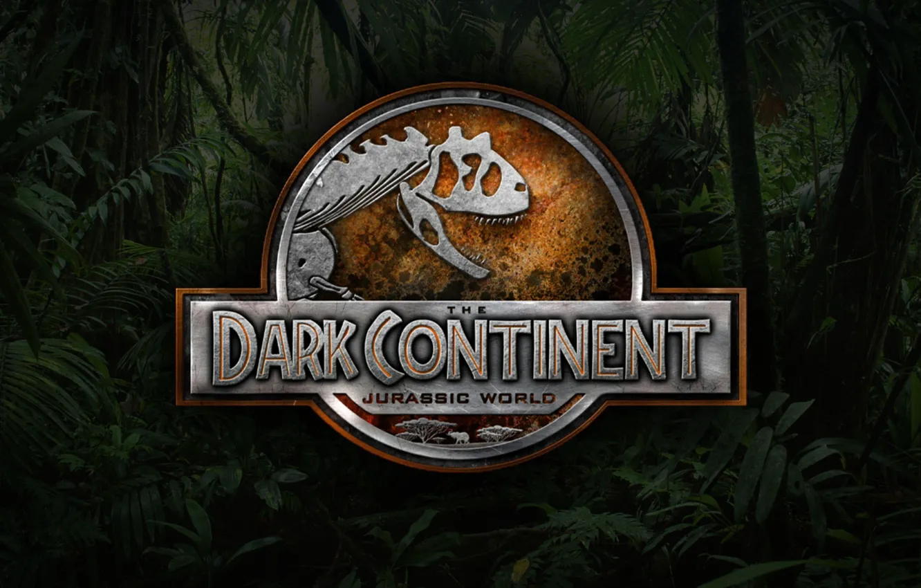 Фото обои logo, jungle, T-Rex, vegetation, Jurassic World, The Dark Continent Jurassic World