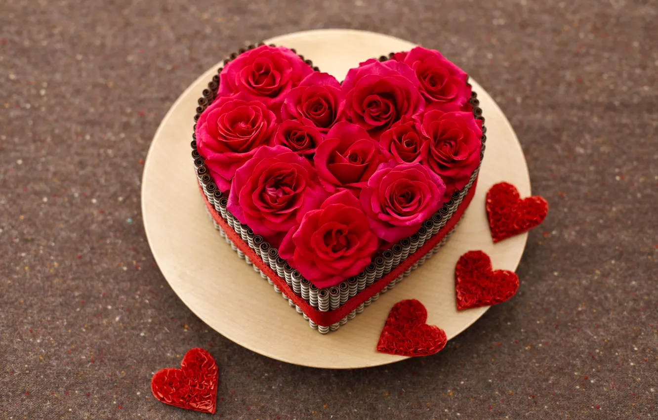 Фото обои цветы, сердце, розы, тарелка, сердечки, красные, бутоны