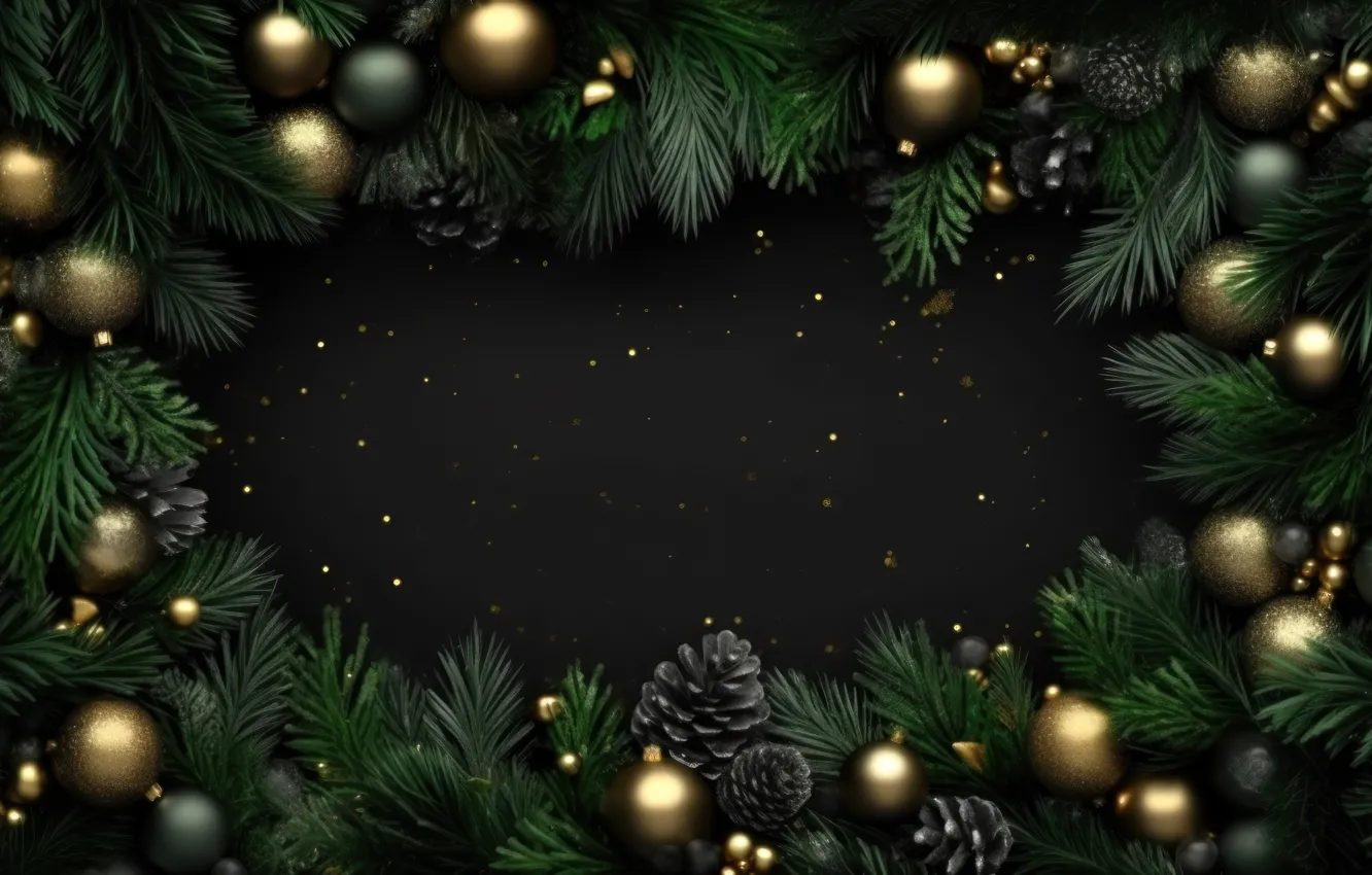 Фото обои украшения, темный фон, шары, Новый Год, Рождество, golden, new year, happy