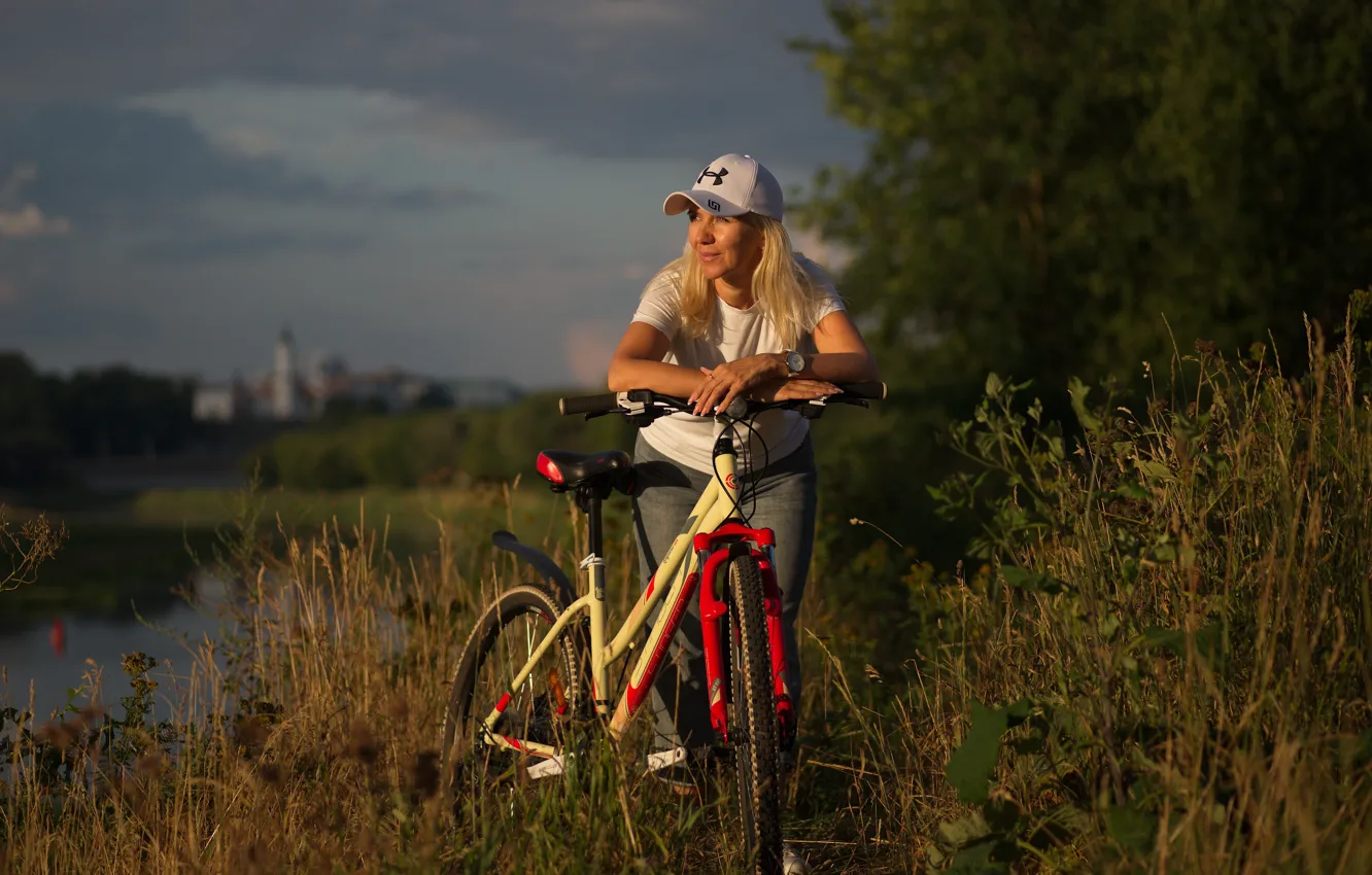 Фото обои закат, природа, велосипед, модель, Татьяна, активный образ жизни