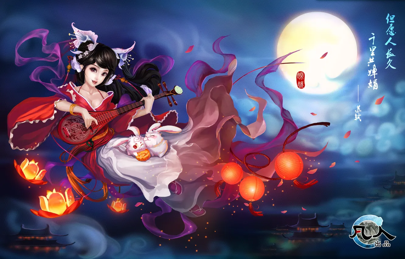Фото обои девушка, облака, ночь, луна, азия, зверьки, арт, лотос