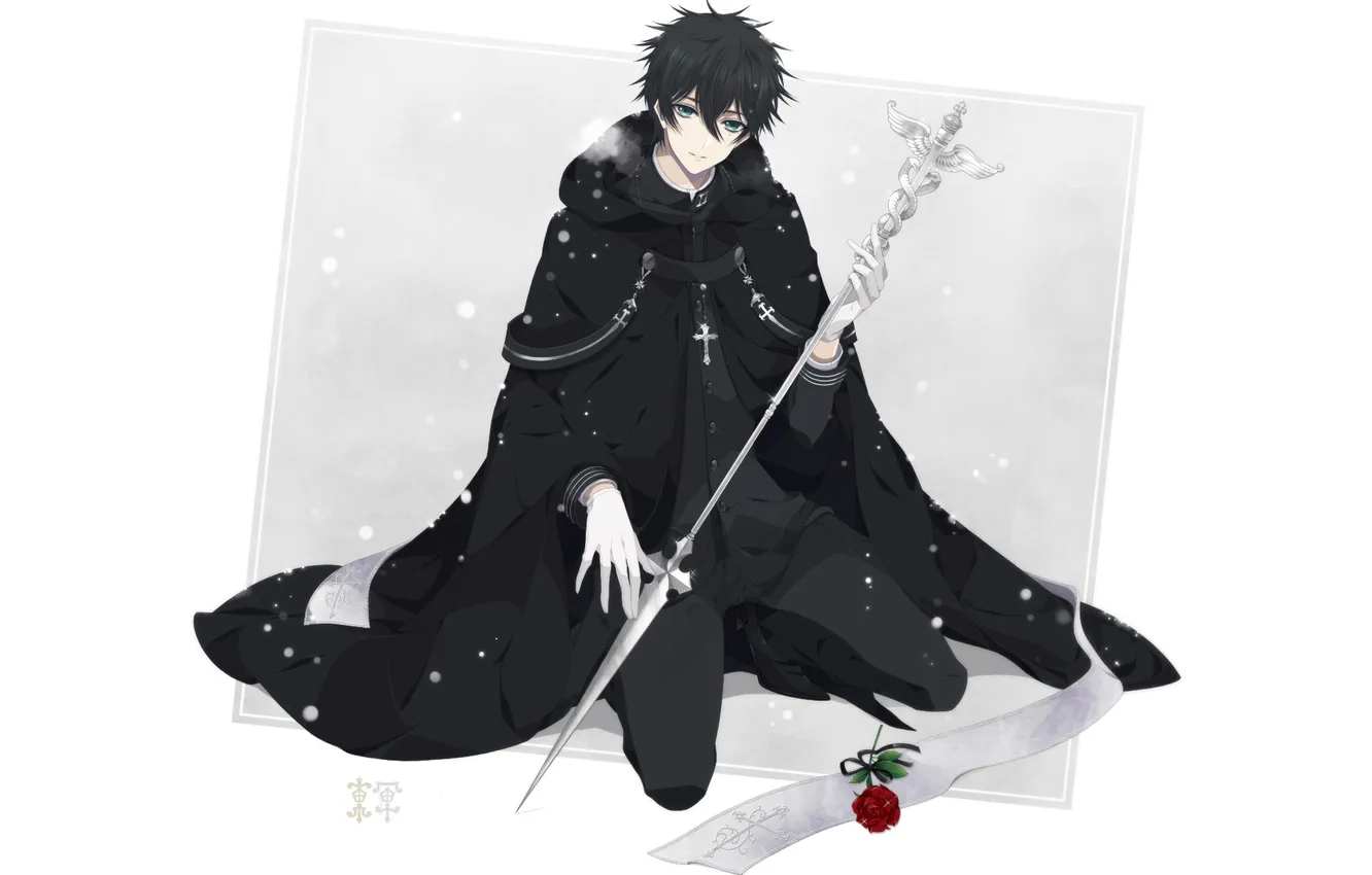 Фото обои снег, оружие, роза, крест, пар, Парень