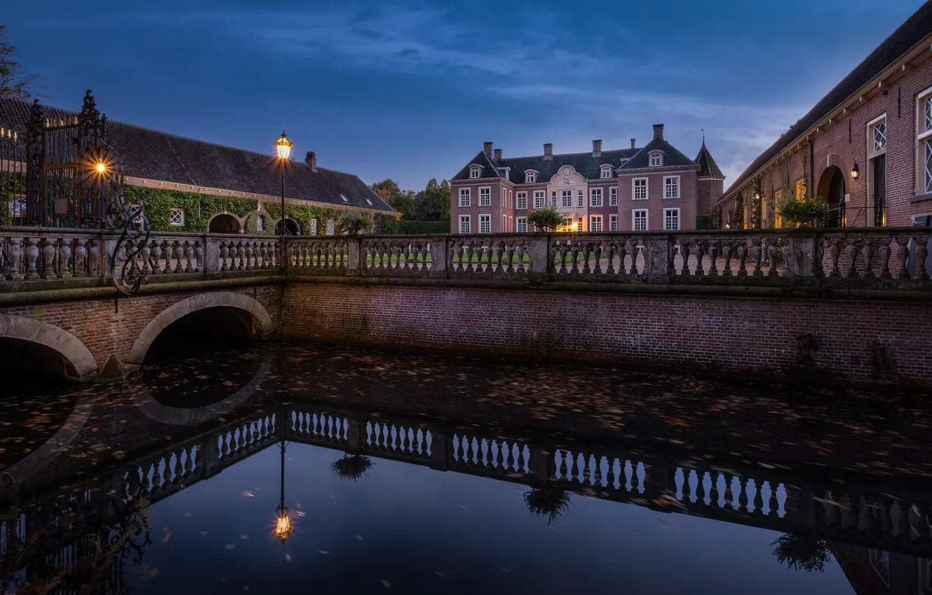 Фото обои огни, замок, вечер, Нидерланды, Голландия, Castle Ampsen