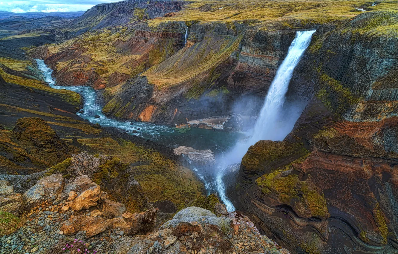 Фото обои река, водопад, поток, каньон, Исландия