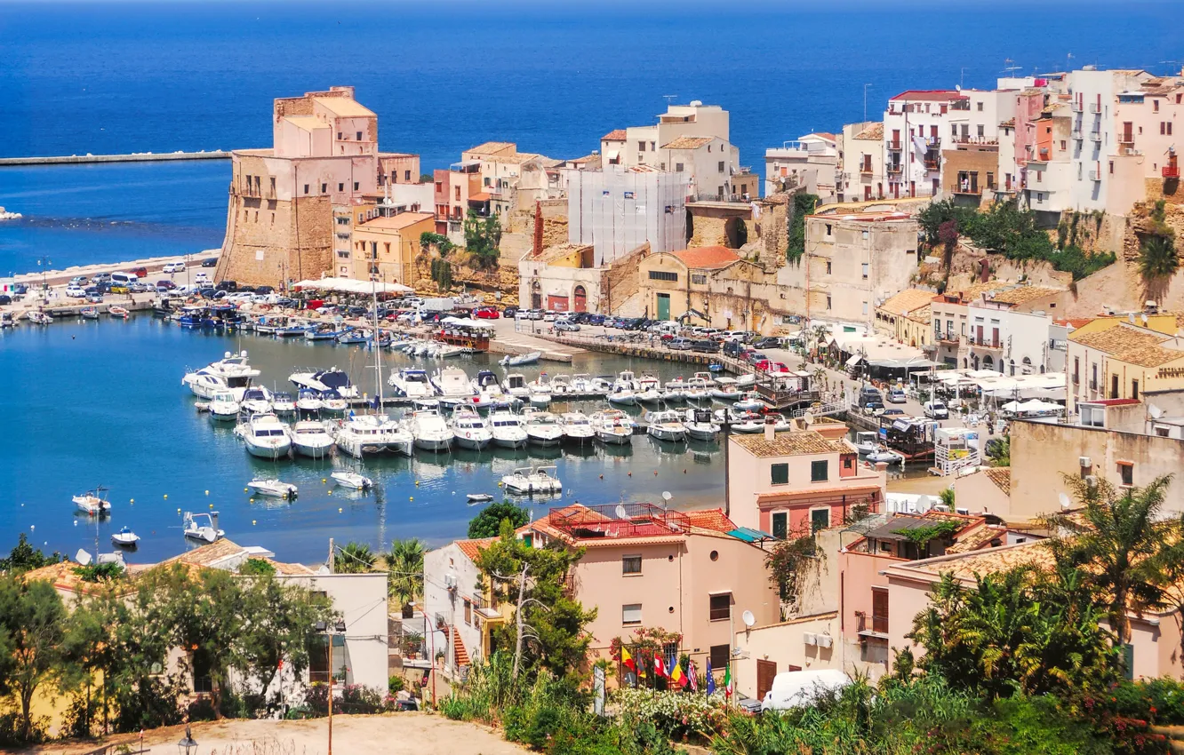 Фото обои море, дома, бухта, Италия, Сицилия, Кастелламмаре-дель-Гольфо
