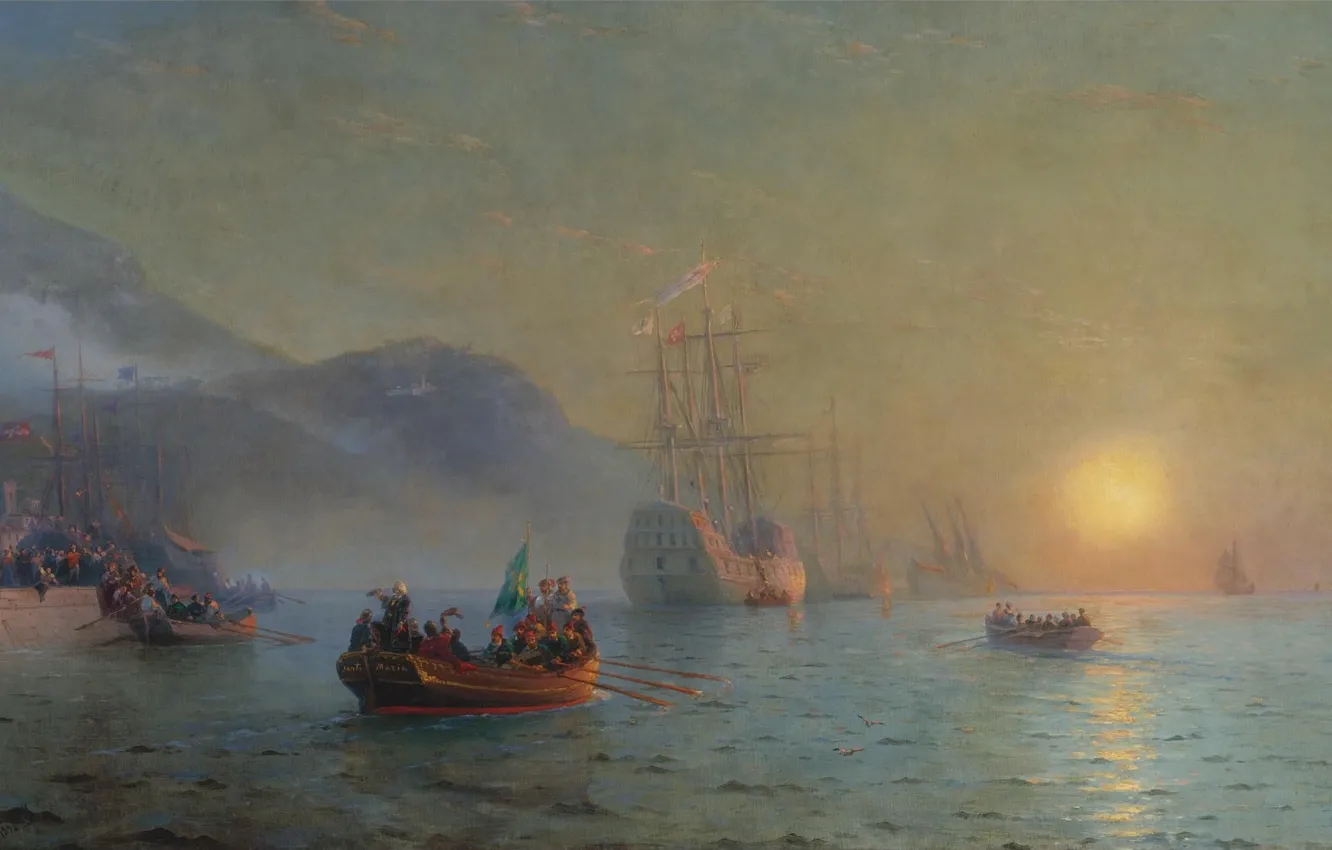 Фото обои лодка, корабль, картина, история, морской пейзаж, Иван Айвазовский, 1892, конкиста
