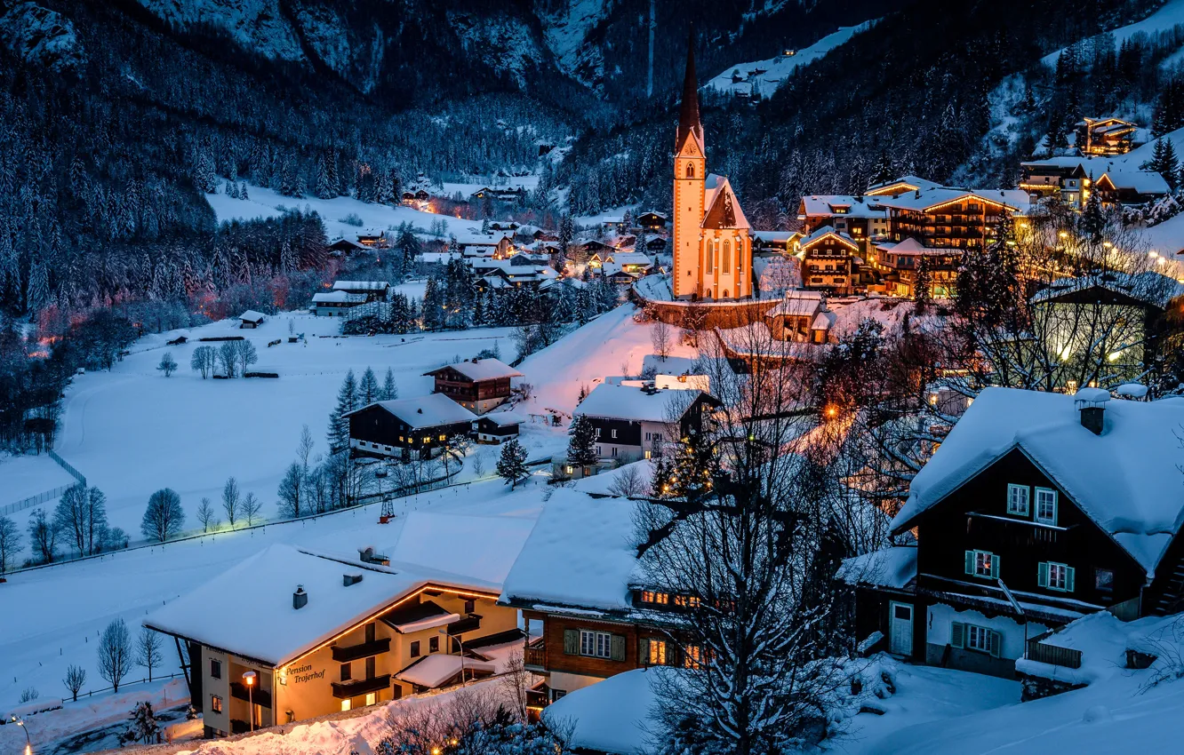 Фото обои снег, вечер, Австрия, Коммуна Гемайнде Хайлигенблут