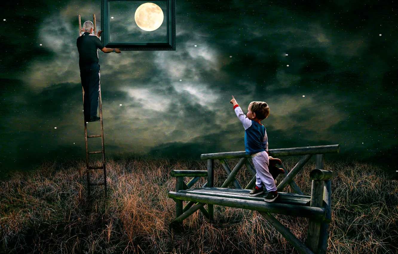 Фото обои луна, звёзды, мальчик, Look garndad you have caught the moon for me