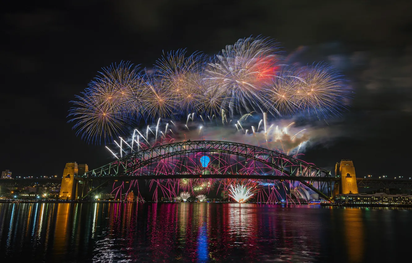 Фото обои ночь, мост, город, огни, Австралия, Sydney, феерверк, Харбор-Бридж