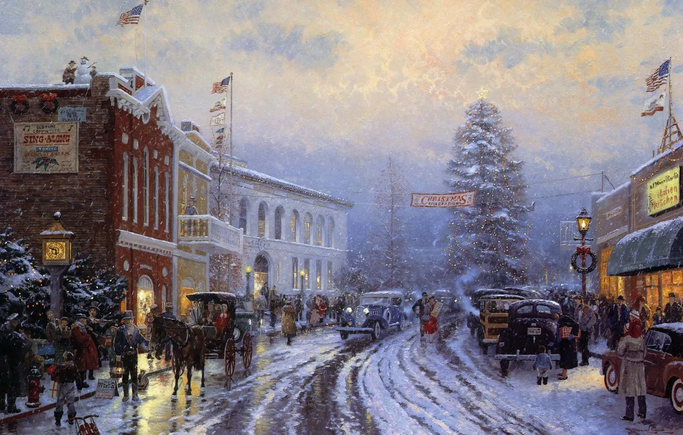 Фото обои ретро, праздник, елка, рождество, Christmas, Thomas kinkade, кинкейд