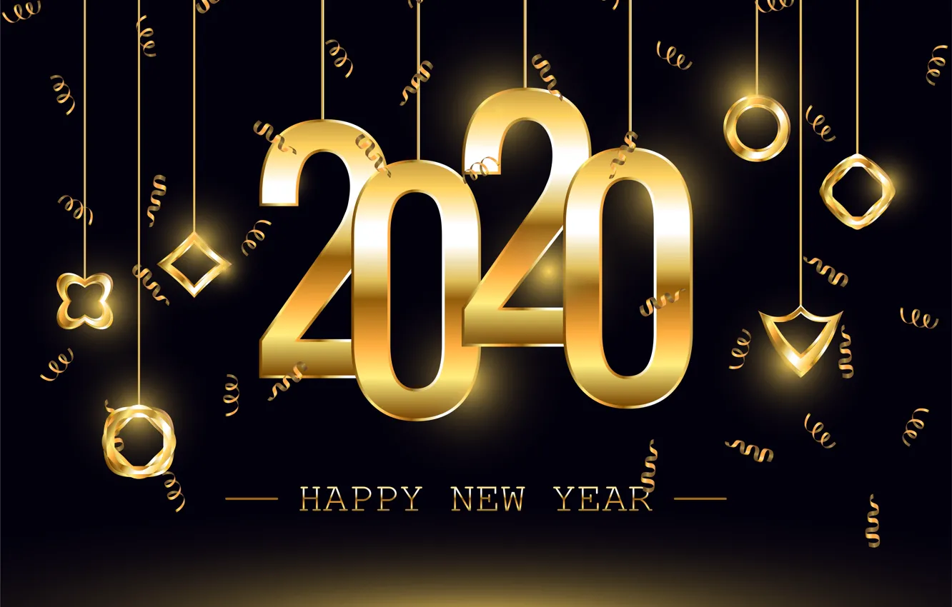 Фото обои Новый год, golden, черный фон, black, background, New Year, decoration, 2020