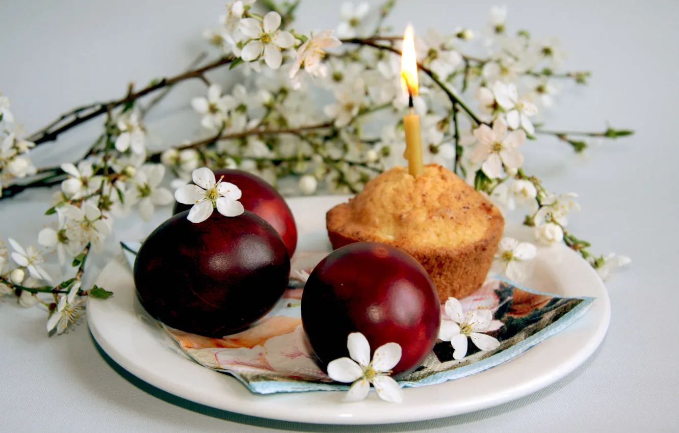 Фото обои цветы, ветки, вишня, праздник, свеча, яйца, весна, тарелка
