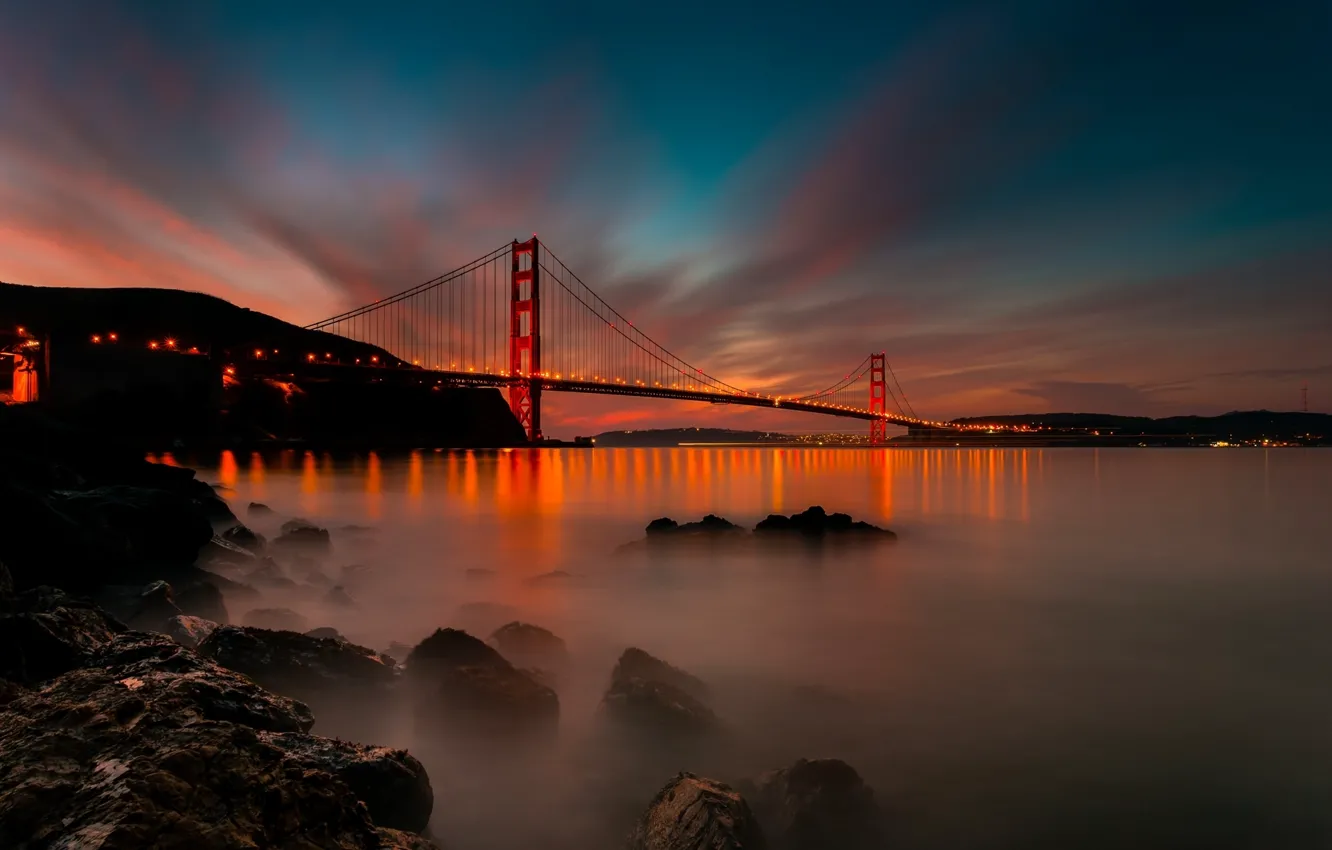Фото обои свет, закат, мост, город, пролив, камни, вечер, Калифорния