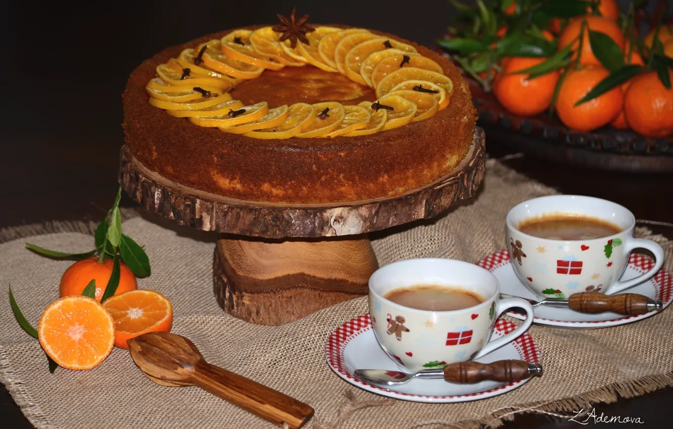 Фото обои кофе, чашки, торт, выпечка, специи, мандарины