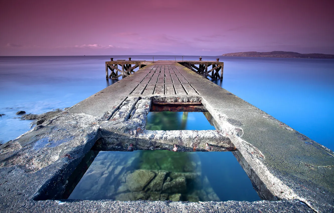 Фото обои море, пейзаж, камни, пирс, дыры, Scotland, Portencross Pier