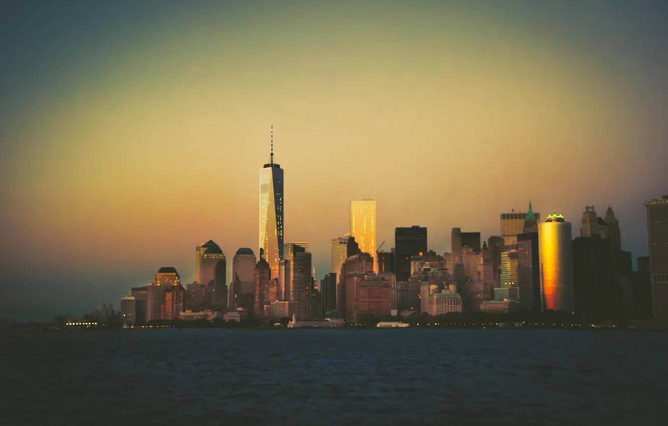 Фото обои небо, закат, Нью-Йорк, горизонт, Манхэттен, One World Trade Center, Соединенные Штаты, 1WTC