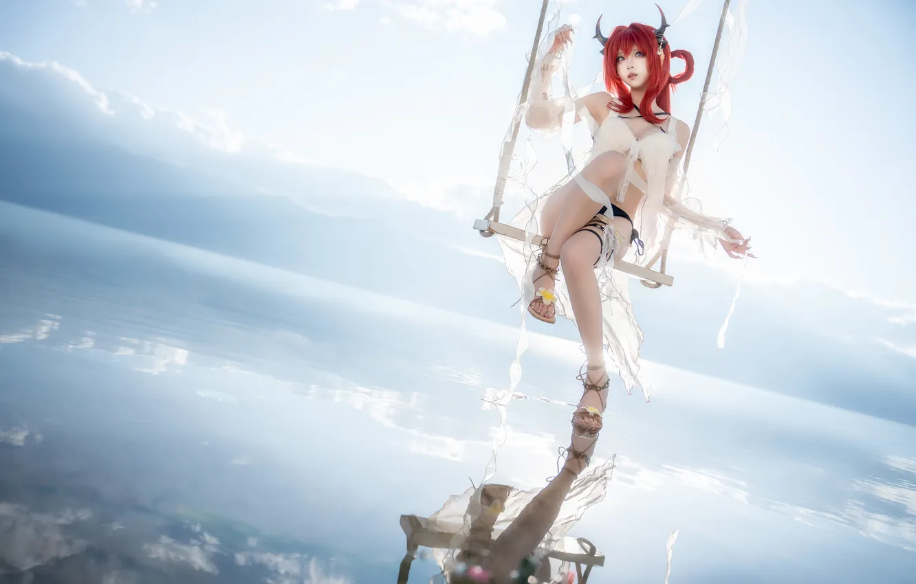 Фото обои model, women, redhead, cosplay, sitting, bent legs, looking away, Arknights
