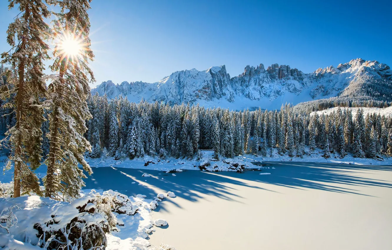 Фото обои зима, лес, снег, горы, Италия, Italy, Доломитовые Альпы, Lago di Carezza