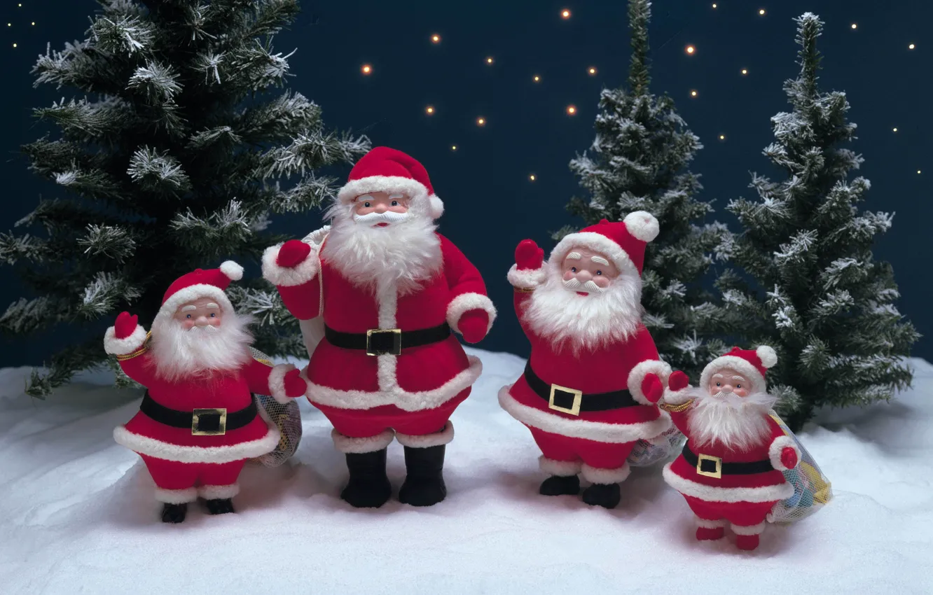Фото обои звезды, елки, Снег, ёлка, Санта Клаус, Дед Мороз, новогодние украшения