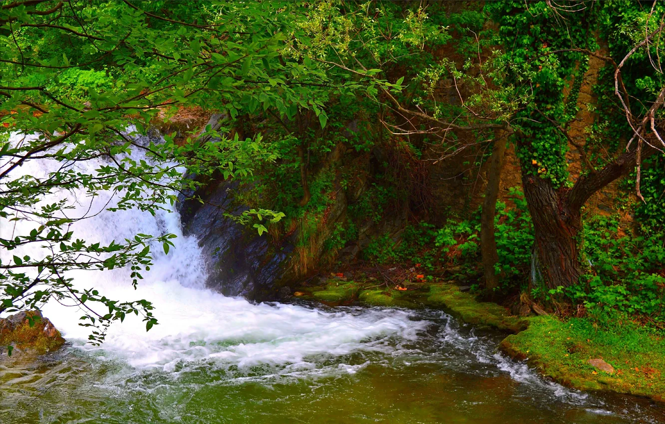 Фото обои Поток, Весна, Водопад, Spring, Waterfall, Flow