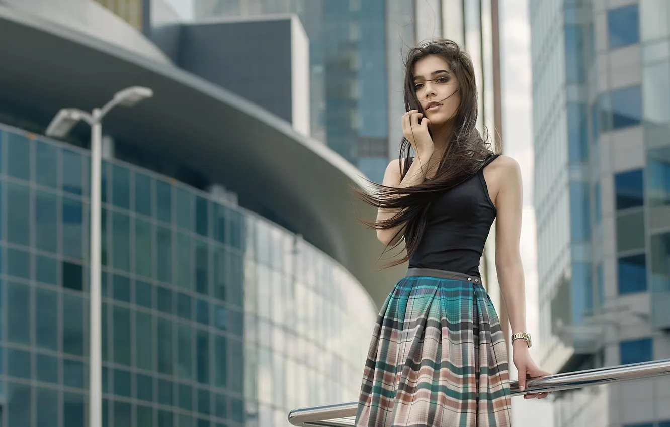 Фото обои long hair, model, women, brunette, portrait, standing, plaid skirt, looking at viewer
